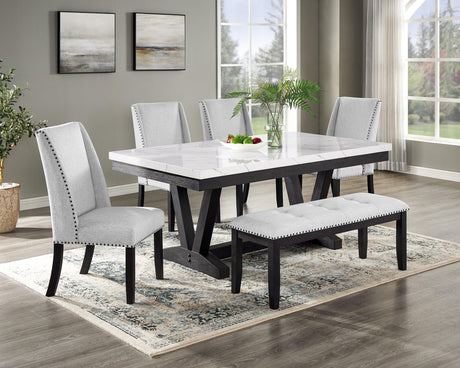 Vance Gray/White Modern Solid Wood Marble Top Fabric Upholstered Tufted Dining Room Set - Ella Furniture
