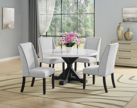 Varley/Vance White Solid Wood Marble Top Fabric Upholstered Round Dining Room Set - Ella Furniture
