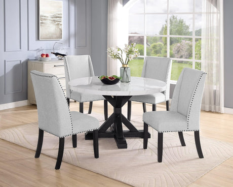 Vance Gray/White Modern Solid Wood Marble Top Fabric Upholstered Round Dining Room Set - Ella Furniture