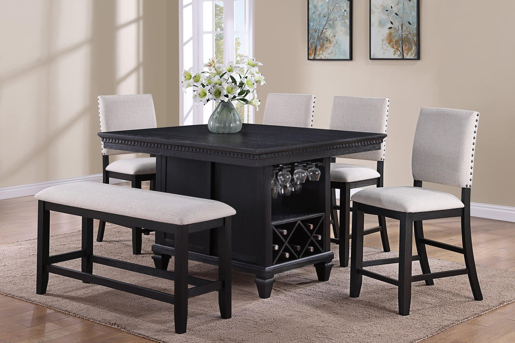 Regent Charcoal/White Solid Wood Fabric Upholstered Counter Height Dining Room Set - Ella Furniture