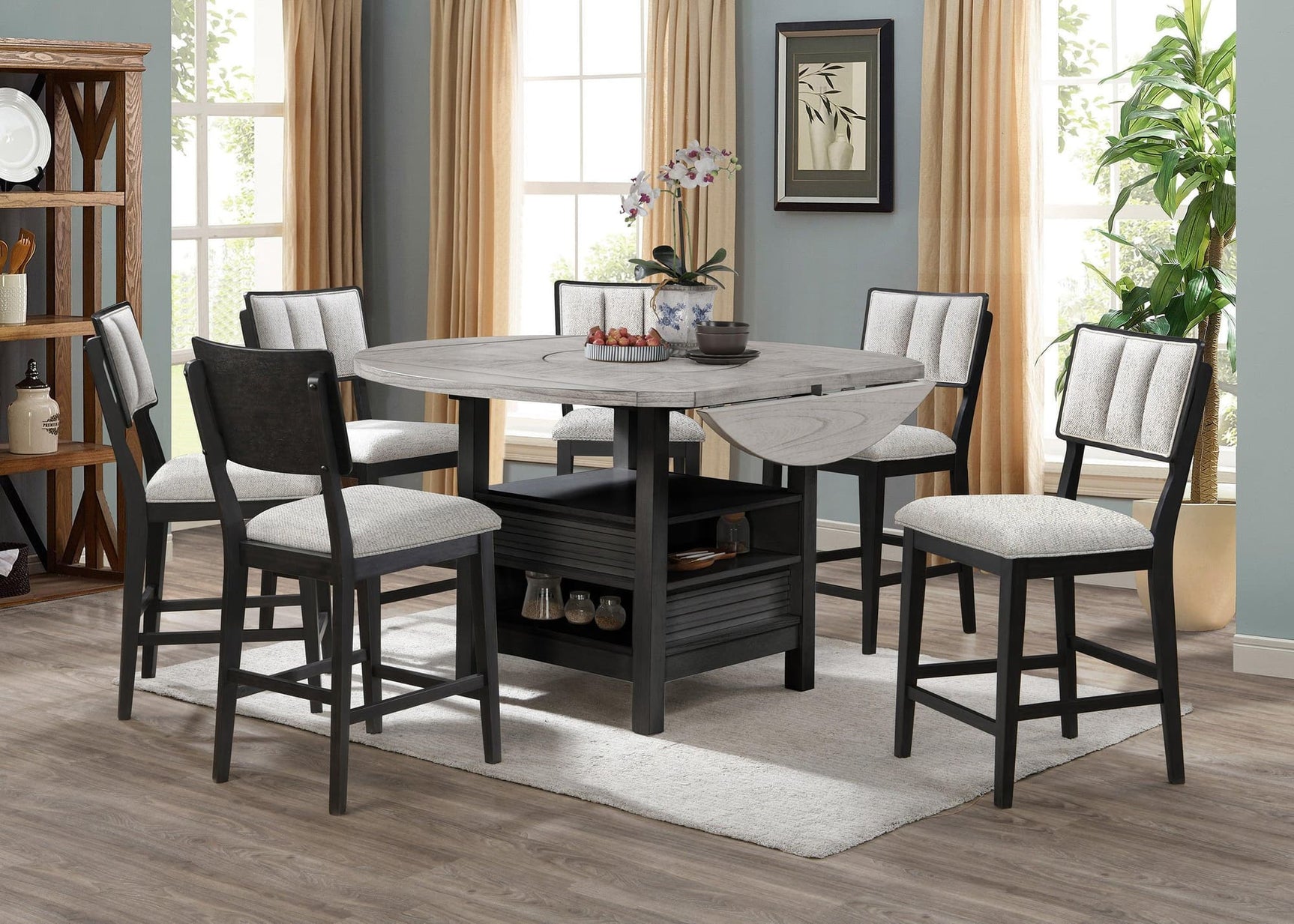 Cline Light Gray Solid Wood And Veneers Round Counter Height Dining Room Set - Ella Furniture