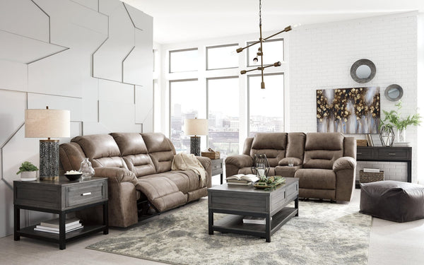 Stoneland Fossil Faux Leather Reclining Loveseat With Console - Ella Furniture