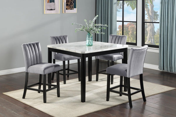 Pascal White-Gray Faux Marble Velvet Seat Rectangular Counter Height Dining Room Set - Ella Furniture