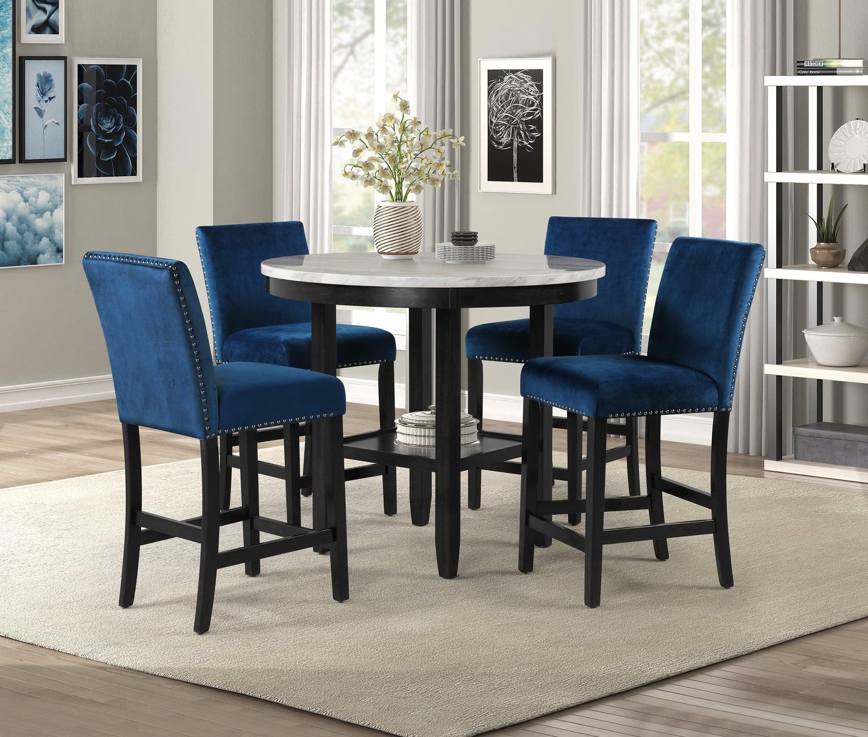 Lennon White Solid Wood Marble Top Round Counter Height Dining Room Set - Ella Furniture