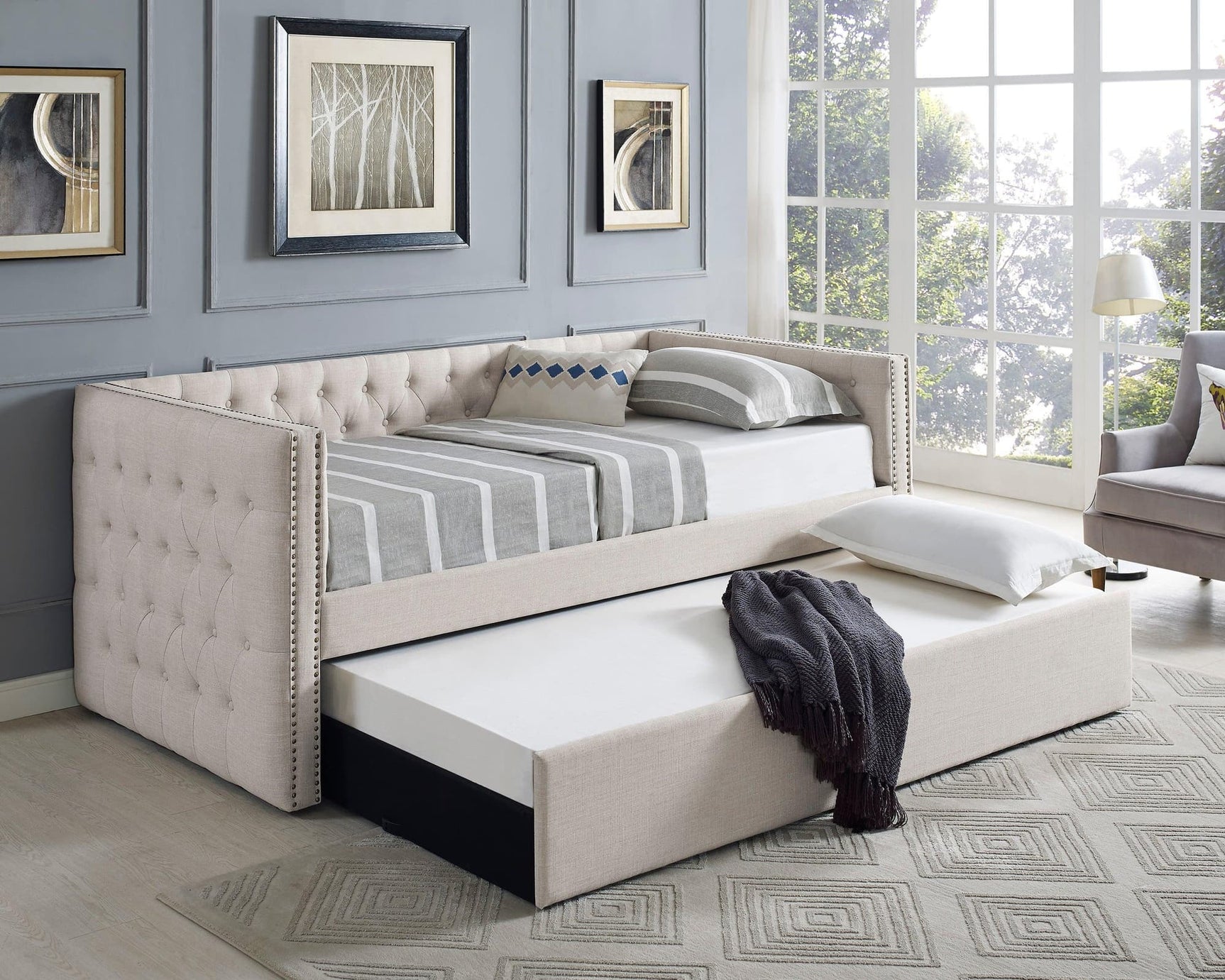 Trina Ivory Chalk Fabric Upholstered Trundle Tufted Twin Daybed - Ella Furniture