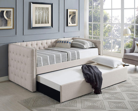 Trina Ivory Chalk Fabric Upholstered Trundle Tufted Twin Daybed - Ella Furniture
