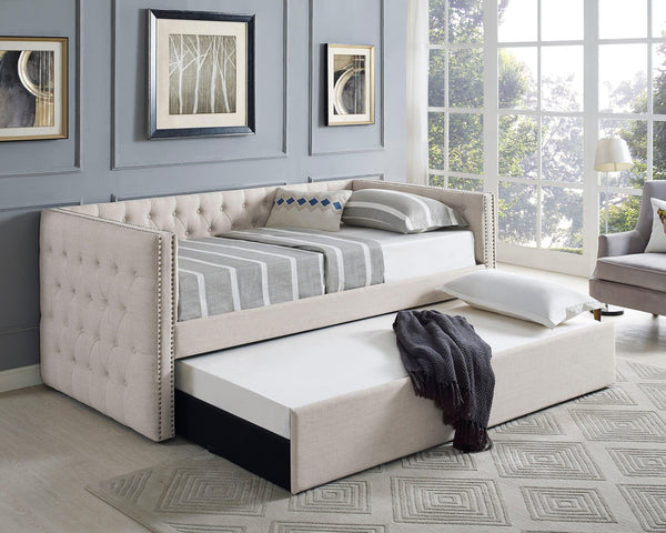 Trina Ivory Chalk Fabric Upholstered Trundle Tufted Twin Daybed - Ella Furniture