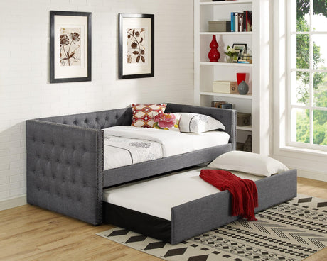 Trina Gray Fabric Upholstered Trundle Tufted Twin Daybed - Ella Furniture