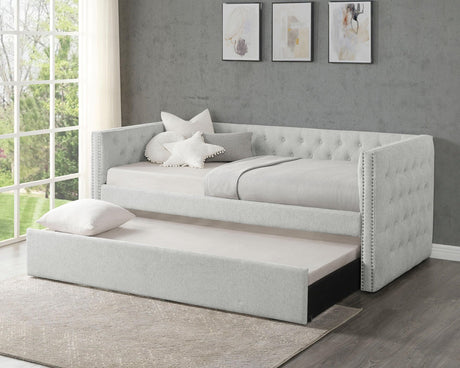 Trina Dove Gray Modern Solid Wood Fabric Upholstered Tufted Trundle Daybed - Ella Furniture