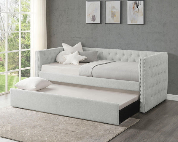 Trina Dove Gray Modern Solid Wood Fabric Upholstered Tufted Trundle Daybed - Ella Furniture