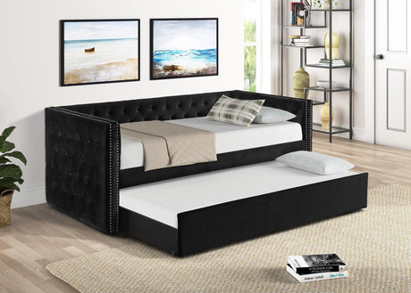 Trina Black Velvet Upholstered Trundle Tufted Twin Daybed - Ella Furniture