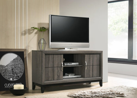 Akerson Grey Tv Stand Drift Wood, Driftwood Entertainment Console With Metal Legs With Storage Doors for Living Room - Ella Furniture