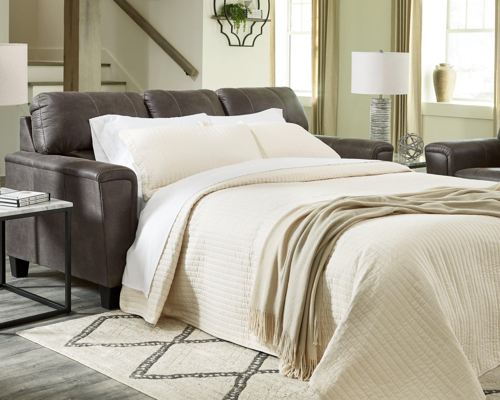 Navi Smoke Faux Leather Queen Sofa Sleeper - Ella Furniture