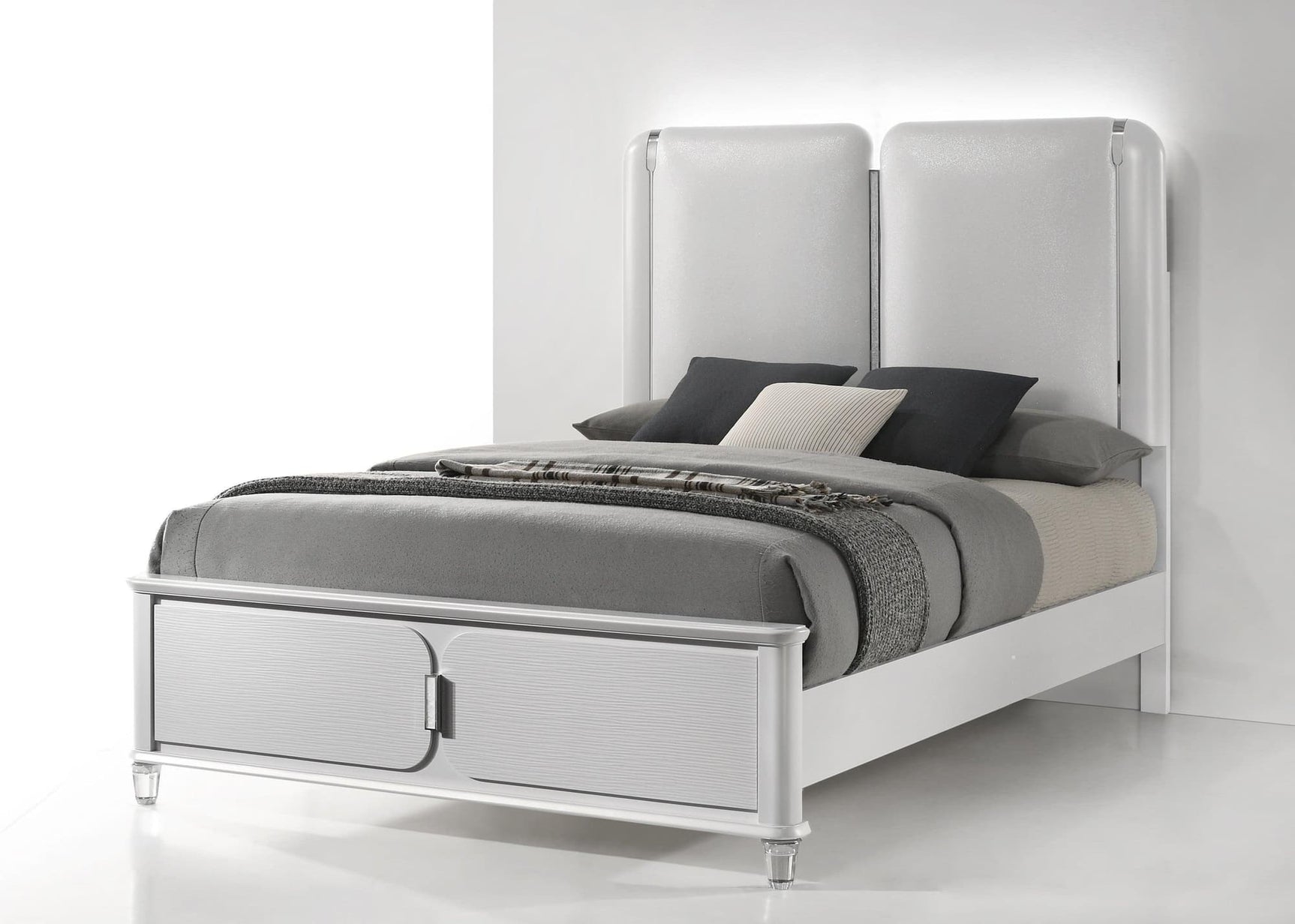 Vivian White Upholstered LED Panel Queen Bed