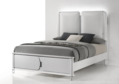 Vivian White Upholstered LED Panel Queen Bed