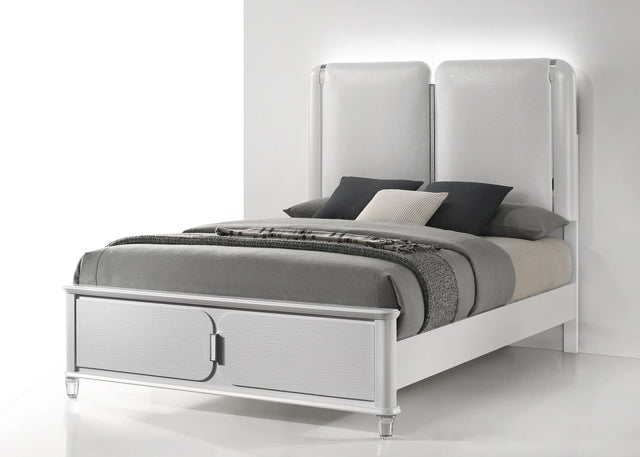 Vivian White Upholstered LED Panel Queen Bed