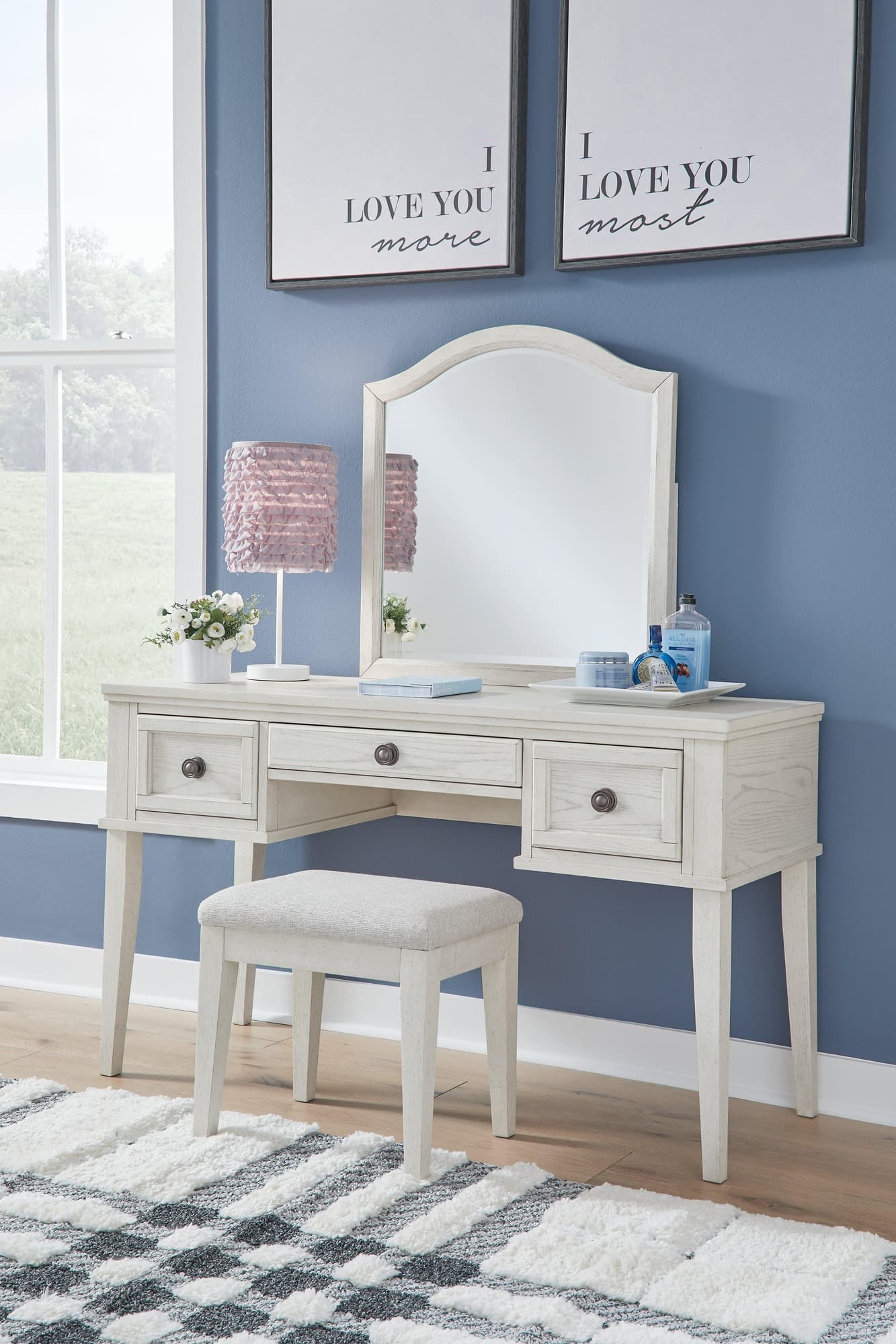 Robbinsdale Antique White Mirrored Vanity With Bench - Ella Furniture