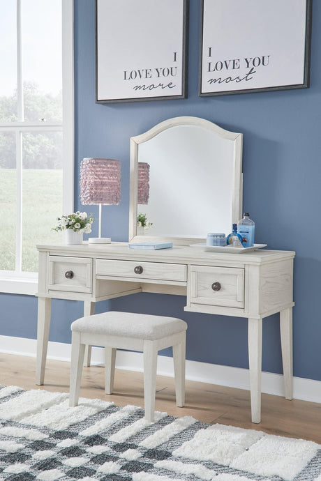 Robbinsdale Antique White Mirrored Vanity With Bench - Ella Furniture