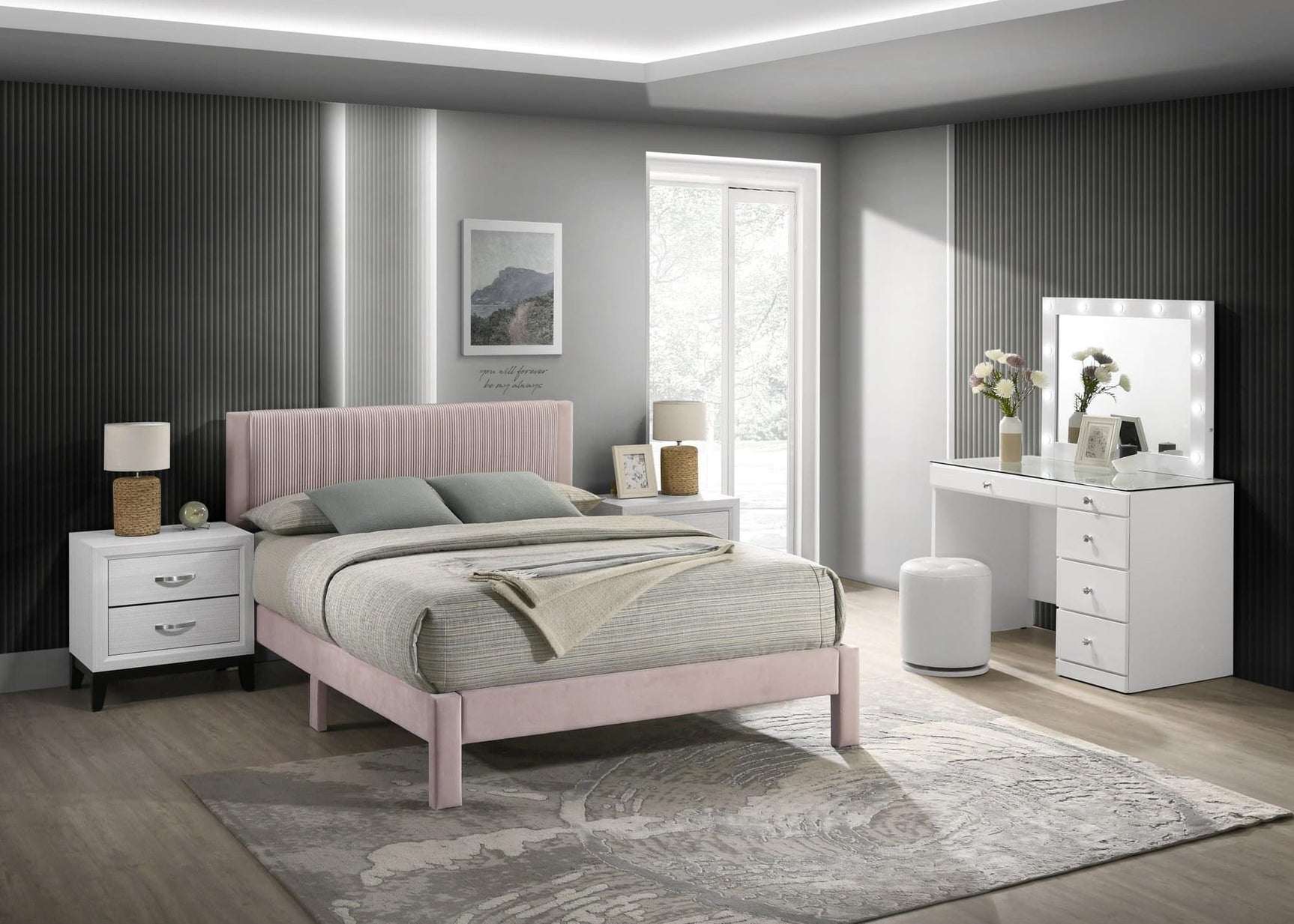 Lucia Pink Upholstered Platform Queen Bed