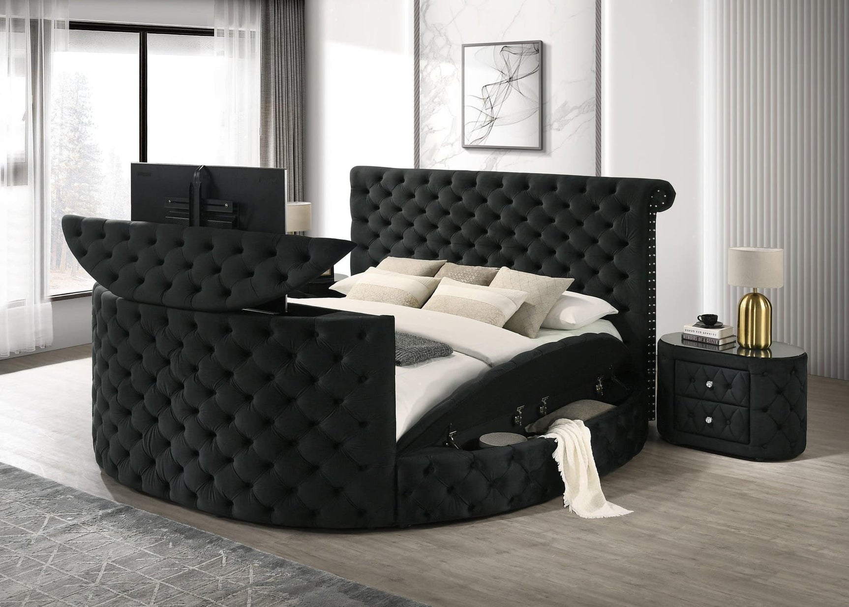 Voltare Black Upholstered Tufted Panel Queen Bed