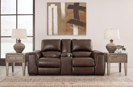Alessandro Walnut Power Reclining Loveseat With Console - Ella Furniture