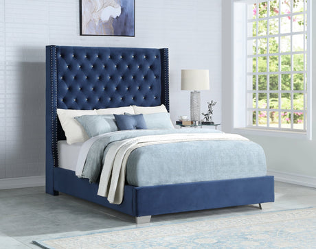 Lomuna Blue Velvet Upholstered Tufted Queen Bed