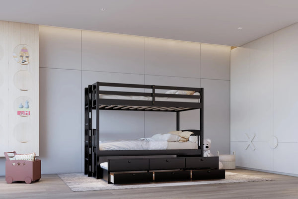 Babylon Black Twin over Twin Bunk Bed w Twin Trundle + 3 Drawers