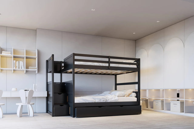 Babylon Black Full/Full Bunk Bed w Twin Trundle + Staircase Storage