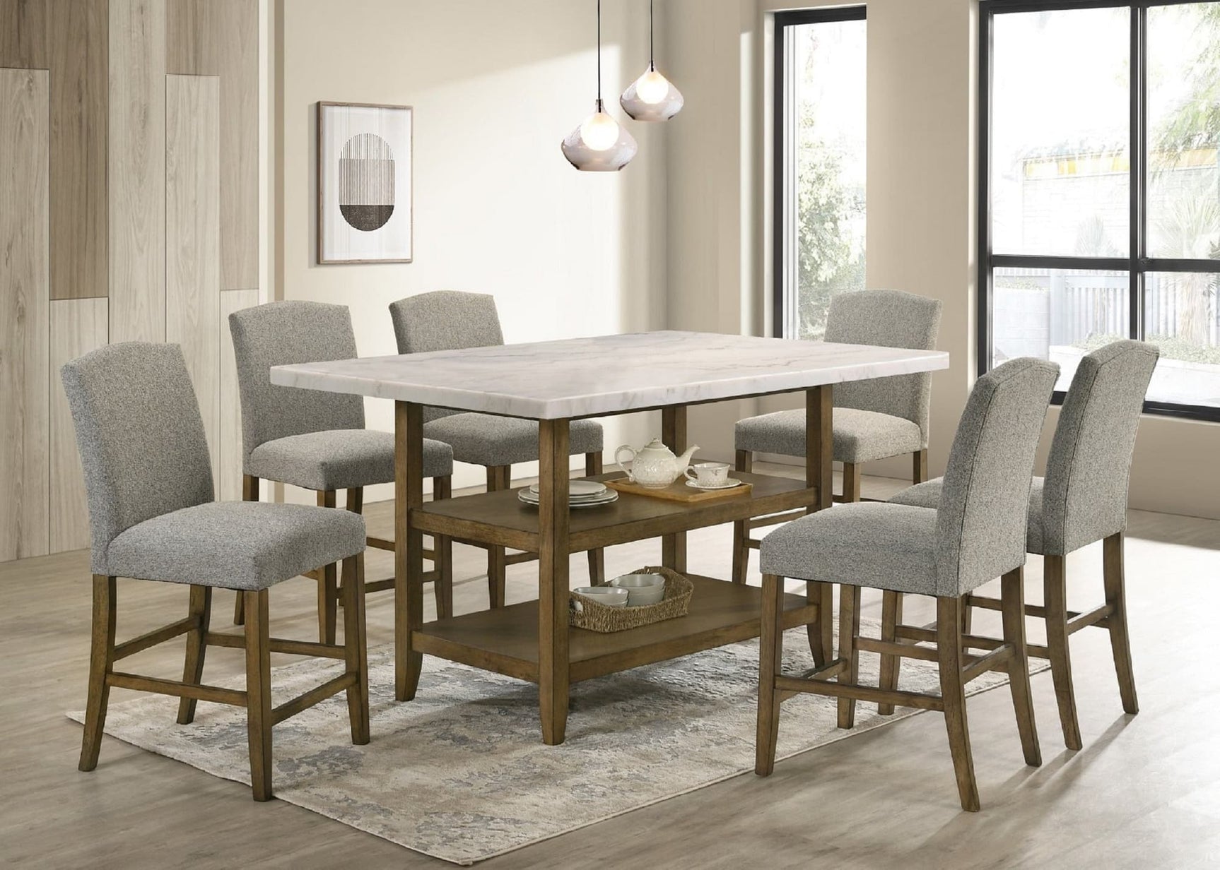 Lola Gray Genuine Marble Counter Height Table + 6 Chairs