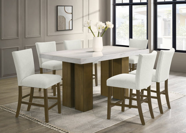 Capri Brown White Genuine Marble Counter Height Table + 6 Chairs