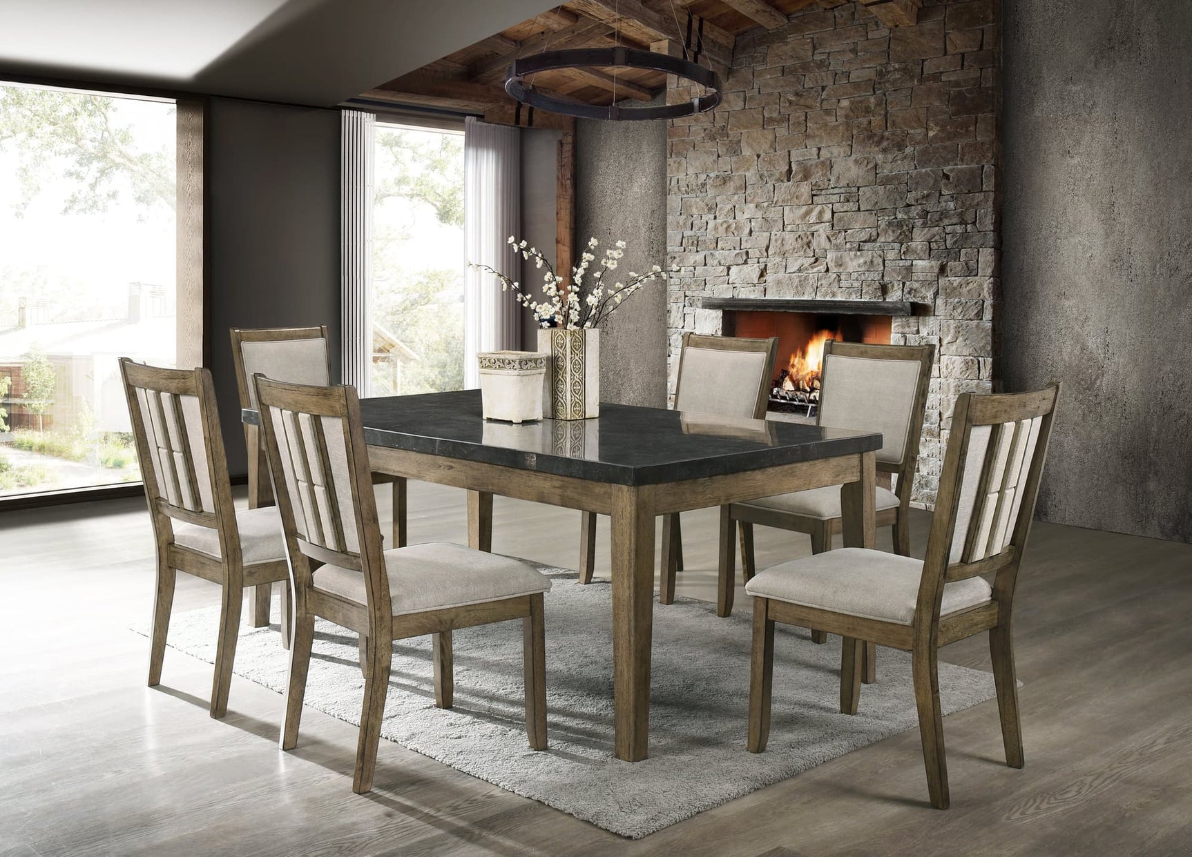 Melstone Brown Genuine Marble Table + 6 Chairs