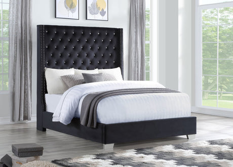Lomuna Black Velvet Upholstered Tufted Queen Bed