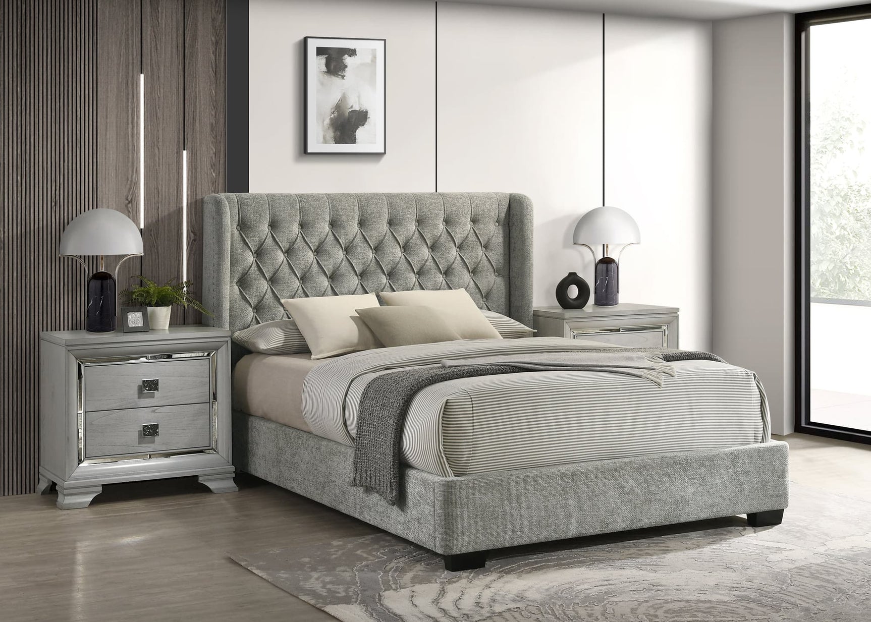Daphne Light Gray Upholstered Tufted Panel King Bed
