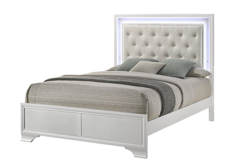 Lyssa Oat Frost LED Upholstered Tufted Panel Queen Bed