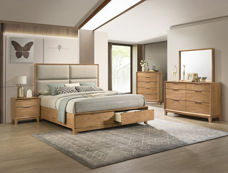 Florian Light Brown Upholstered Storage Platform Bedroom Set