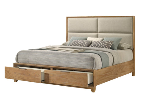Florian Light Brown Upholstered Storage Platform King Bed