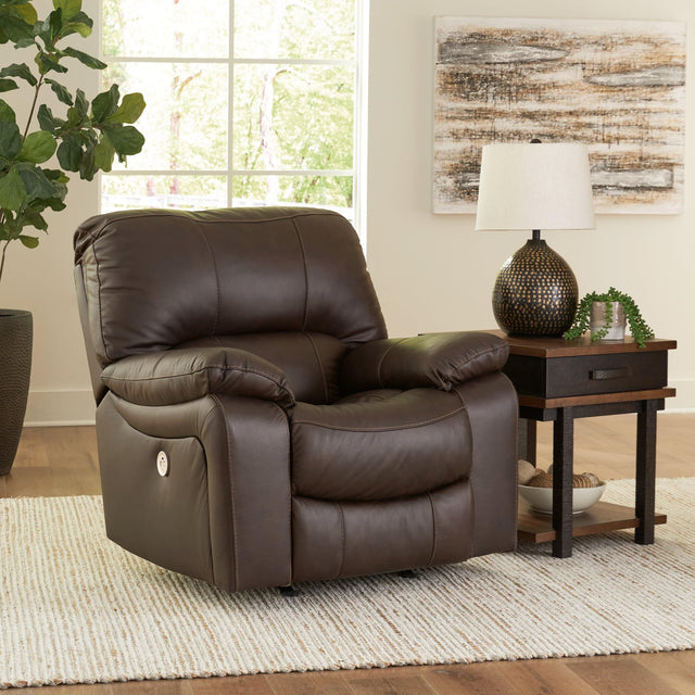 Leesworth Dark Brown Leather Power Recliner - Ella Furniture