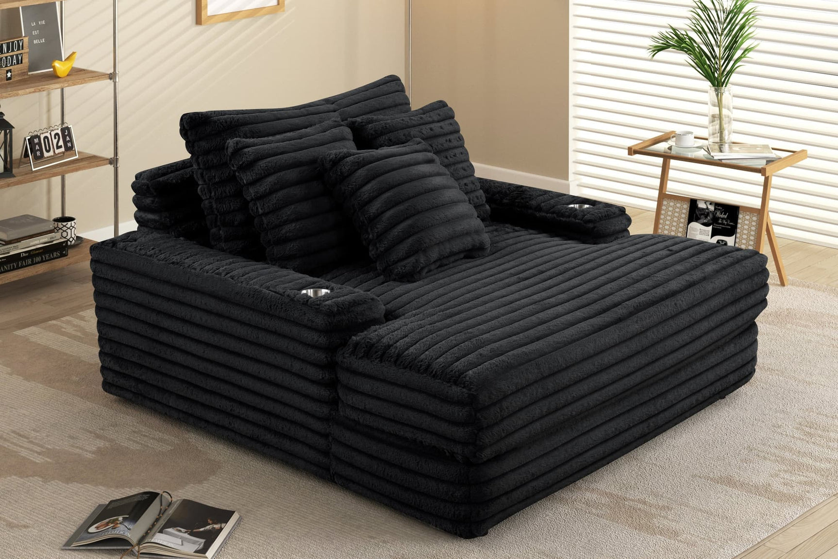 Fortin Black Fur Cord Fabric Chaise