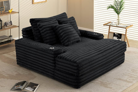 Fortin Black Fur Cord Fabric Chaise