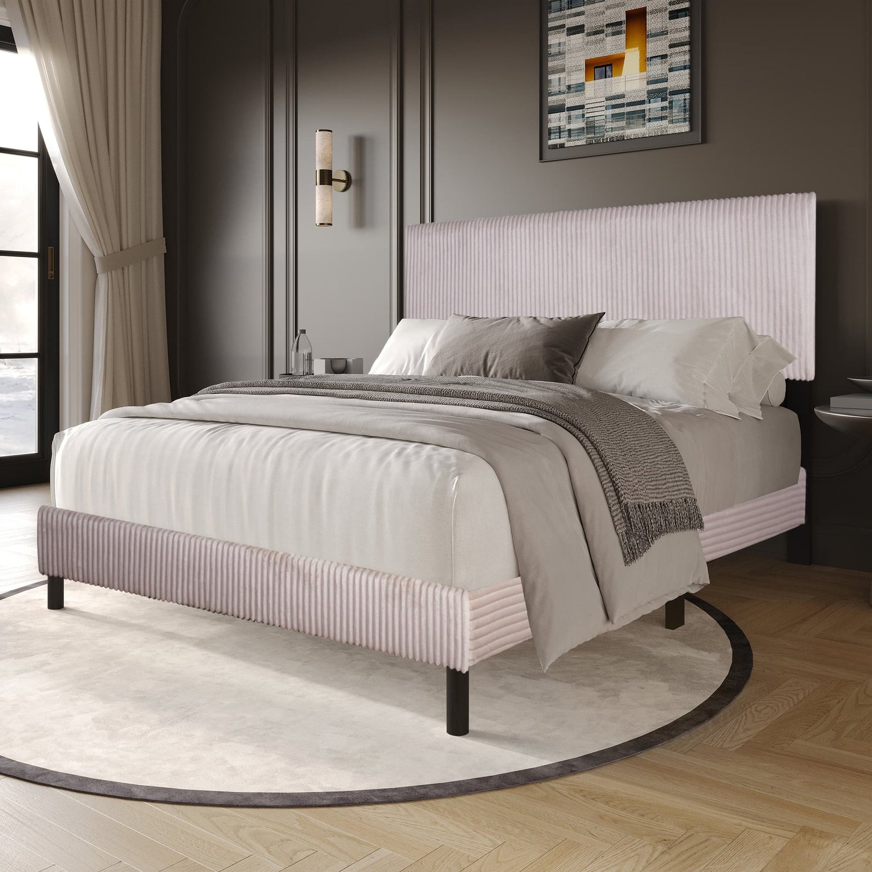 Helen Beige Cord Fabric Platform Full Bed