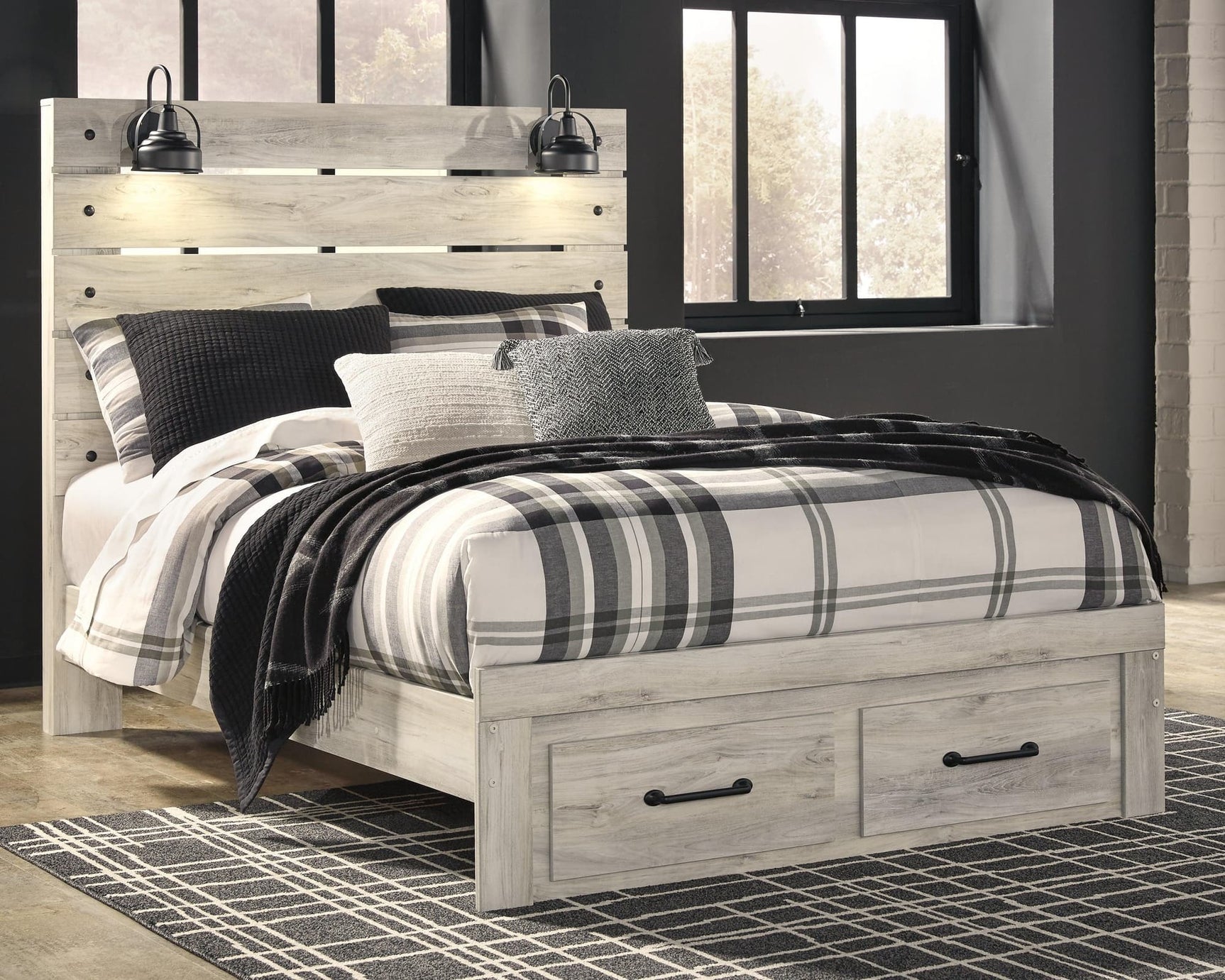 Cambeck Whitewash Queen Panel Bed With 2 Storage Drawers - Ella Furniture