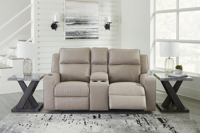 Lavenhorne Pebble Faux Leather Reclining Loveseat With Console - Ella Furniture