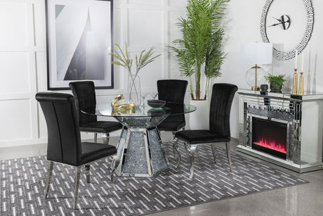 Quinn Black Round Glass Top Mirrored Dining Room Set