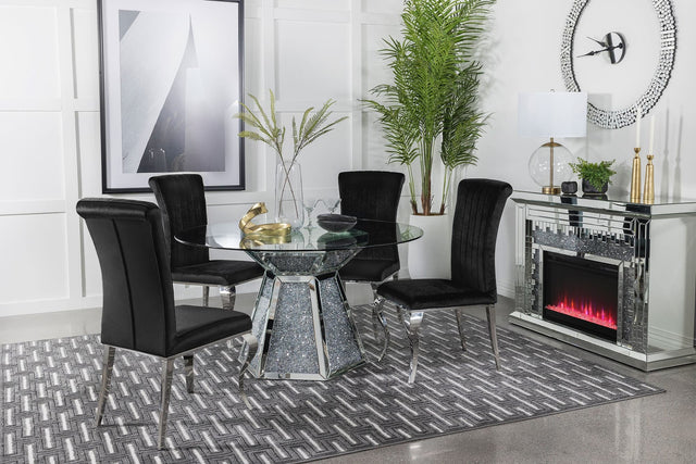 Quinn Black Round Glass Top Mirrored Dining Room Set
