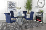 Quinn Ink Blue Round Glass Top Mirrored Dining Room Set