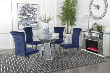 Quinn Ink Blue Round Glass Top Mirrored Dining Room Set