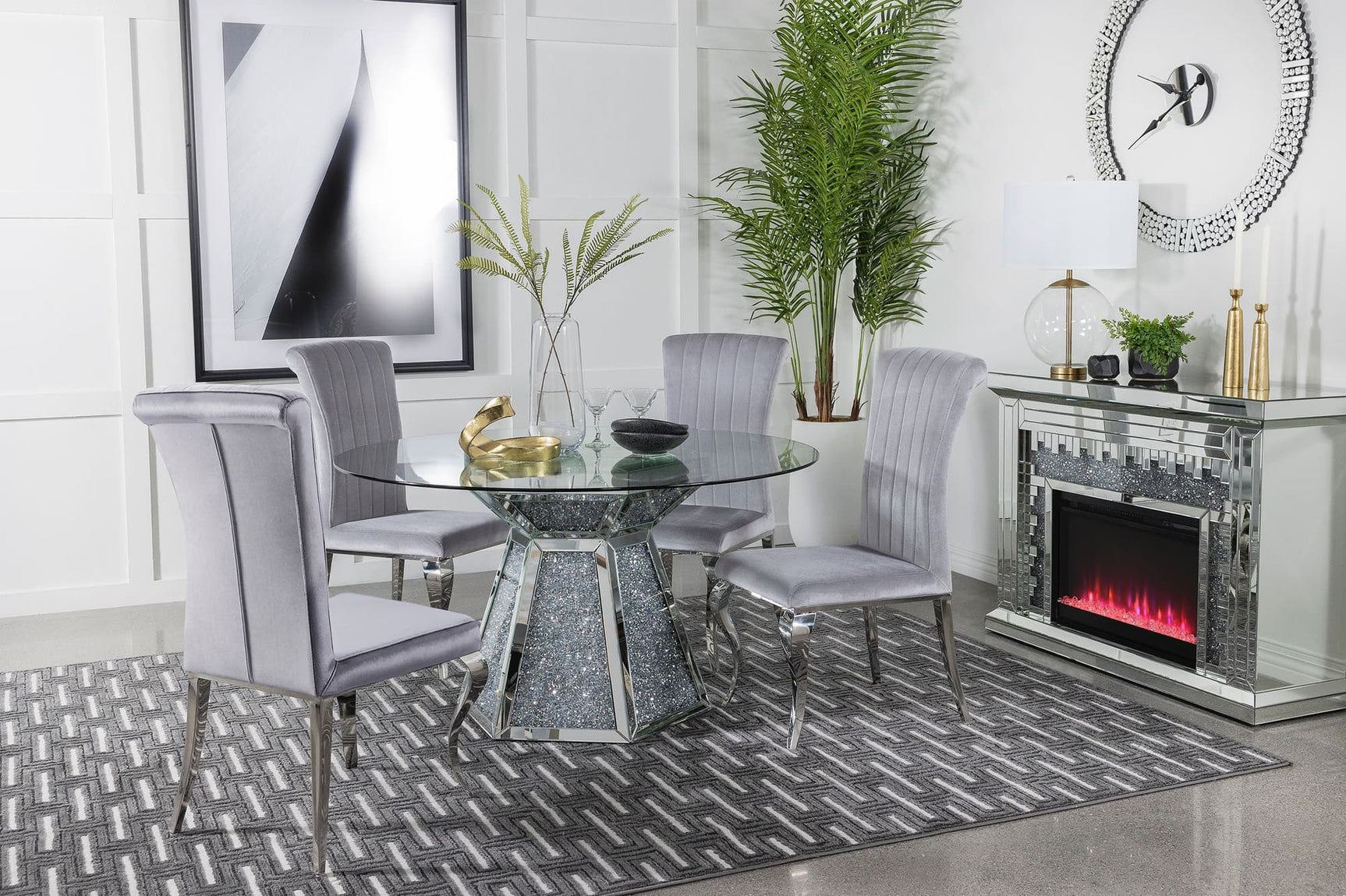 Quinn Gray Round Glass Top Mirrored Dining Room Set