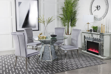 Quinn Gray Round Glass Top Mirrored Dining Room Set