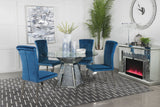 Quinn Teal Round Glass Top Mirrored Dining Room Set