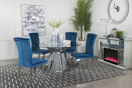 Quinn Teal Round Glass Top Mirrored Dining Room Set